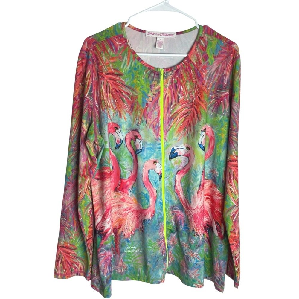 Leoma Lovegrove Womens Flamingo Zip Top Size XL Tropical Art to Wear Maximalist